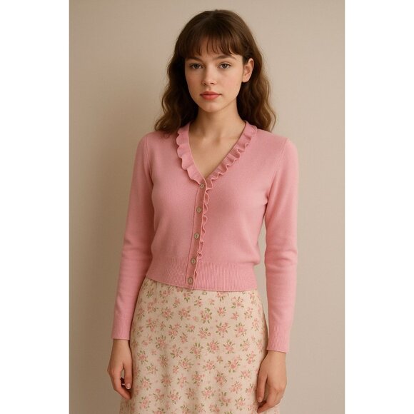 Chaps Pink Ruffle Cardigan Cotton Sweater Button Lightweight Medium Romantic - Picture 2 of 11